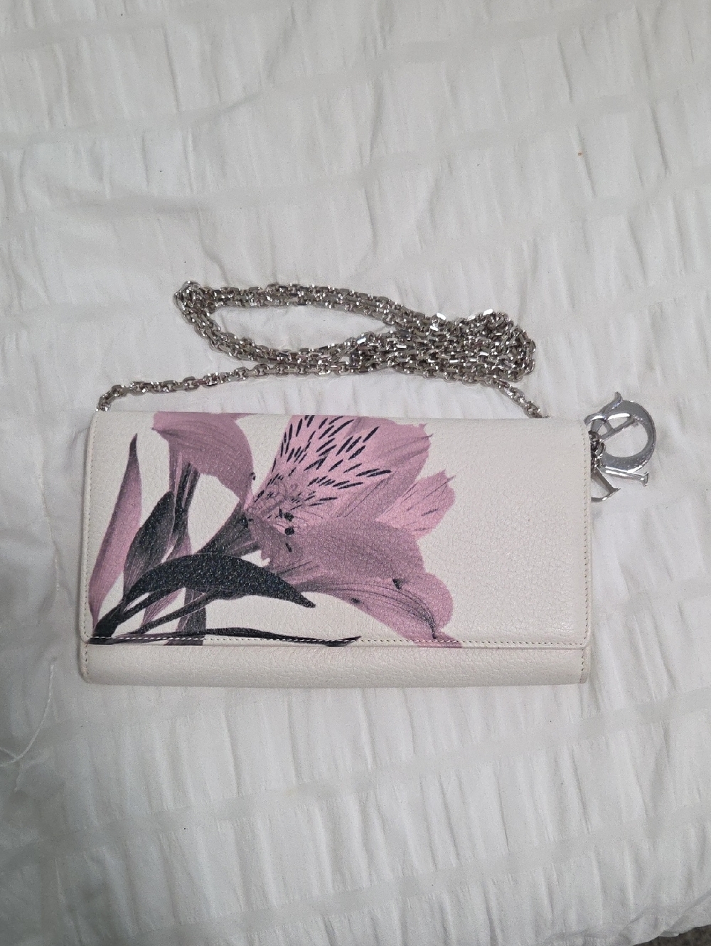Dior White Leather Clutch with Pink Floral Design and Silver Chain